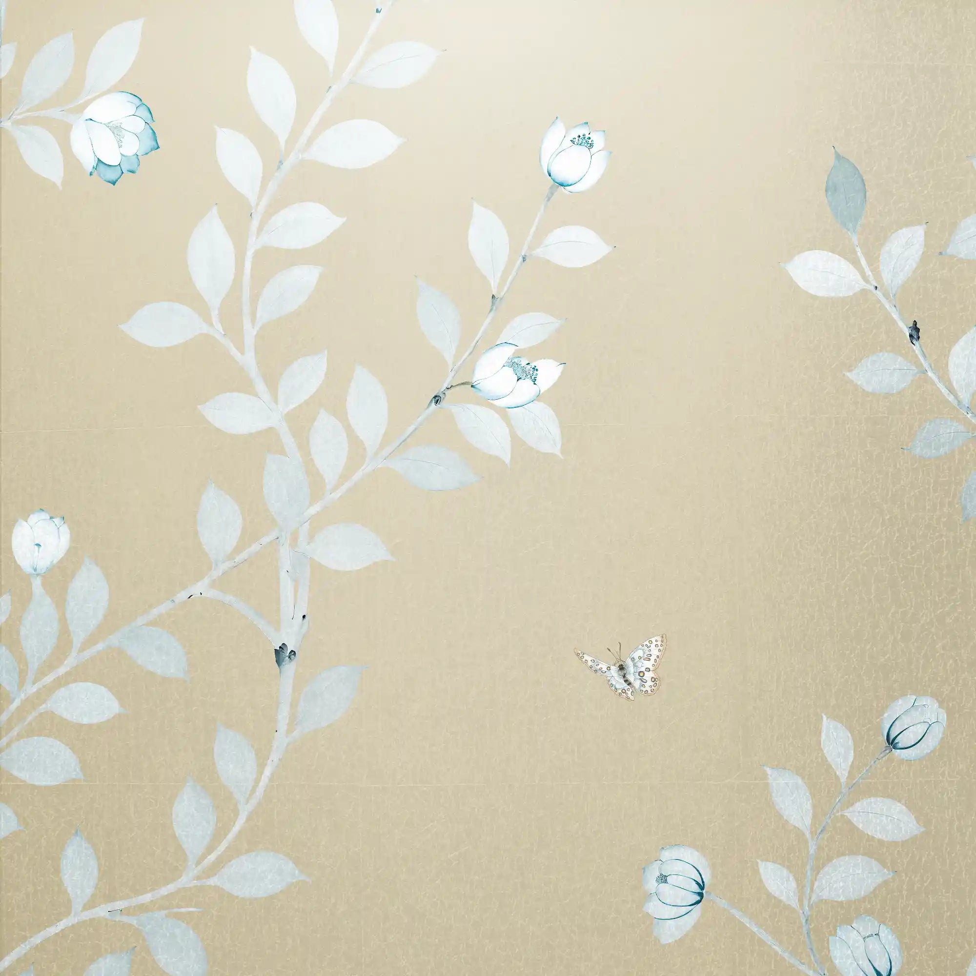 Close-up of champagne metallic leaf Chinoiserie wallpaper showing soft reflective tones.