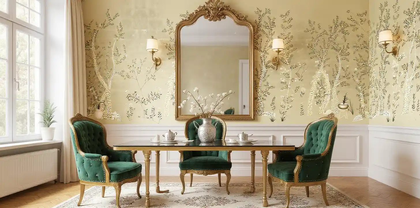 Champagne floral metallic leaf Chinoiserie wallpaper in dining nook, elegant and refined