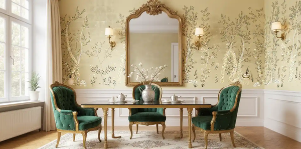 Champagne floral metallic leaf Chinoiserie wallpaper in dining nook, elegant and refined