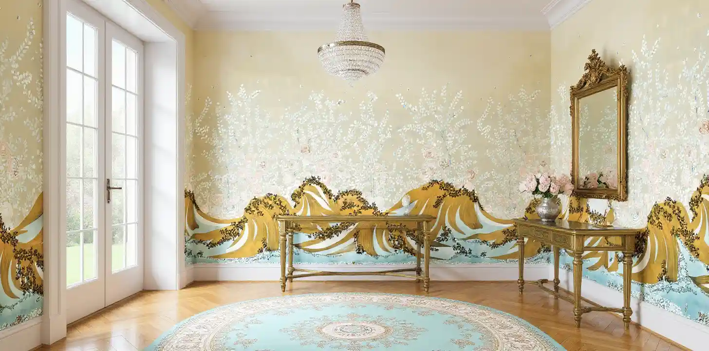 Champagne metallic leaf Chinoiserie wallpaper in foyer, luxurious and elegant