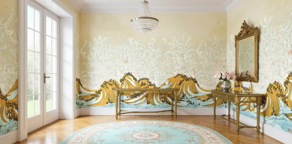 Champagne metallic leaf Chinoiserie wallpaper in foyer, luxurious and elegant
