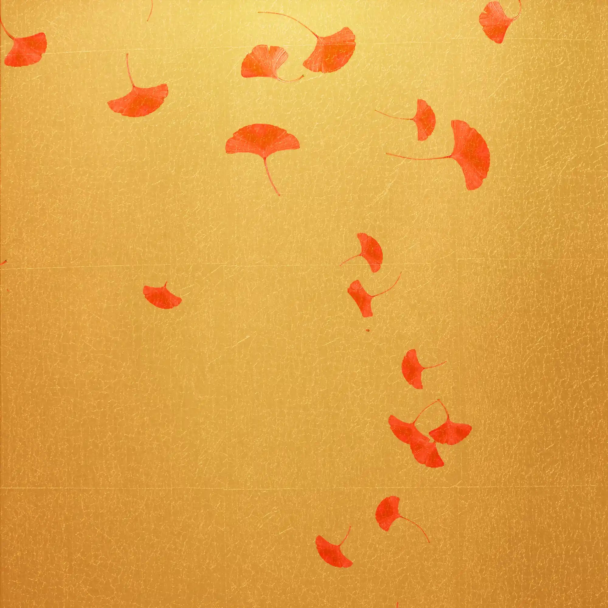 欢快的金色花朵金属叶中国风墙纸特写，显示出明亮的花朵表面。