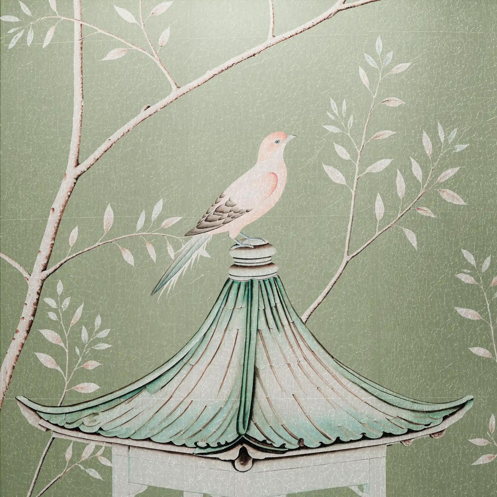 别致的绿色金属叶 Chinoiserie 壁纸特写，展现出精致的植物纹理。
