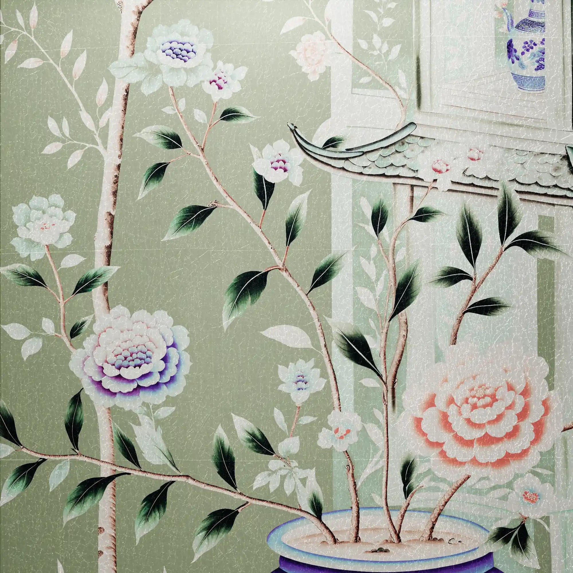 别致的绿色花朵金属叶中国风墙纸，具有永恒的艺术金属细节。