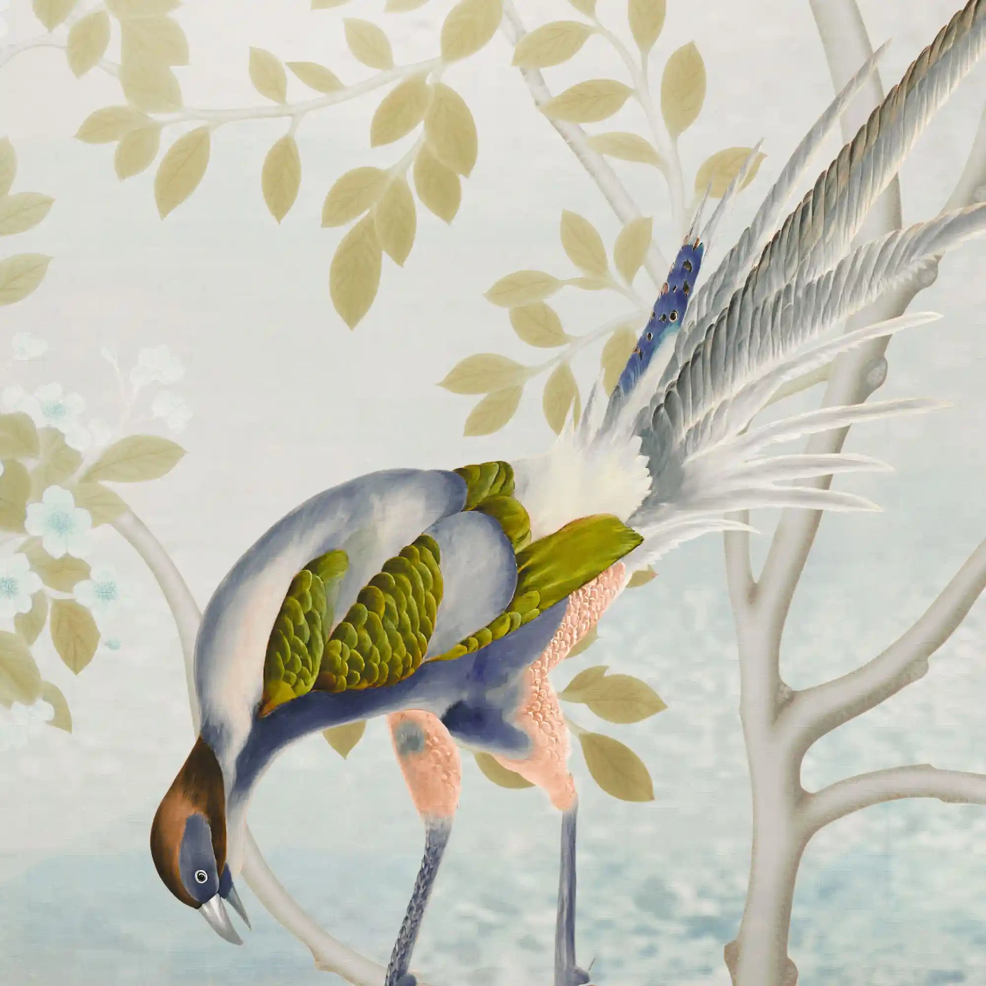 冷色调的中国风墙纸，具有自然灵感的植物纹理和微妙的色调。