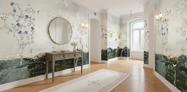 Cool tonesl Chinoiserie wallpaper in foyer, elegant and classic