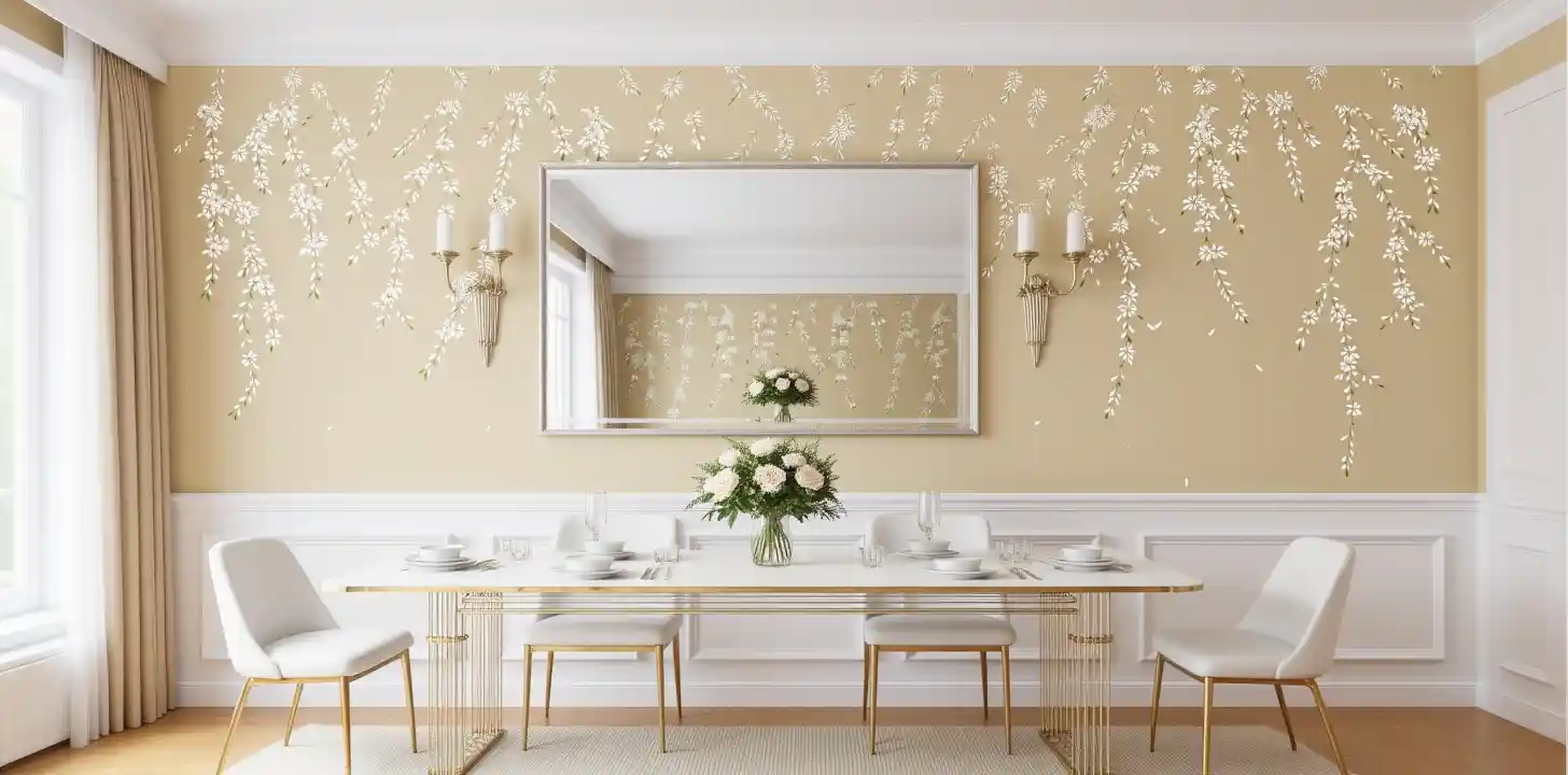 Cream Chinoiserie wallpaper in dining room, luxurious and elegant
