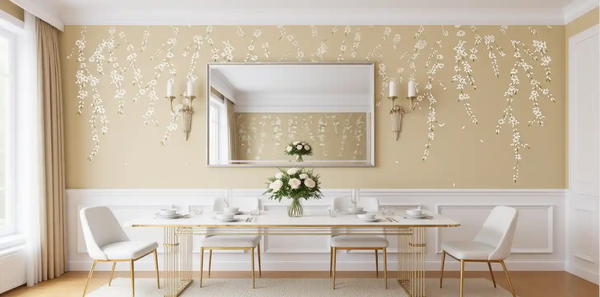Cream Chinoiserie wallpaper in dining room, luxurious and elegant