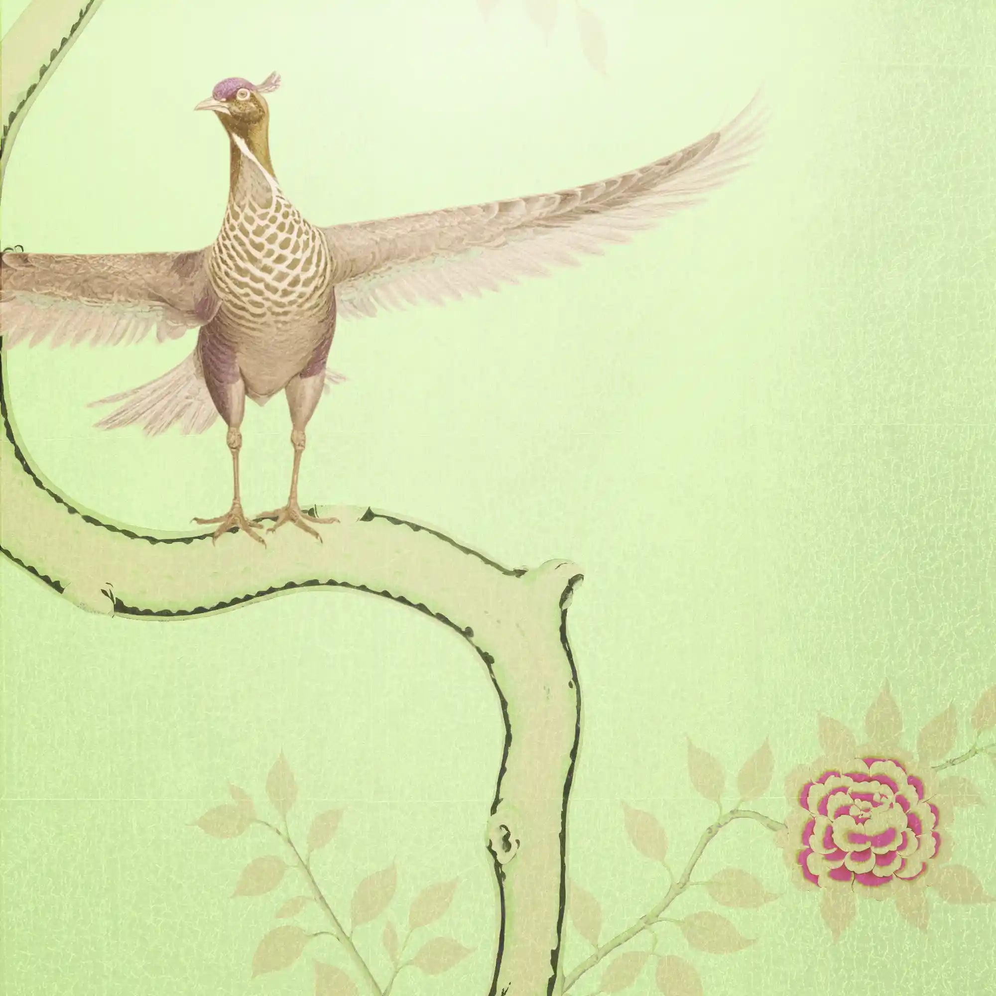 优雅的绿色金属花叶墙纸，散发着柔和的金属光泽和经典细节。