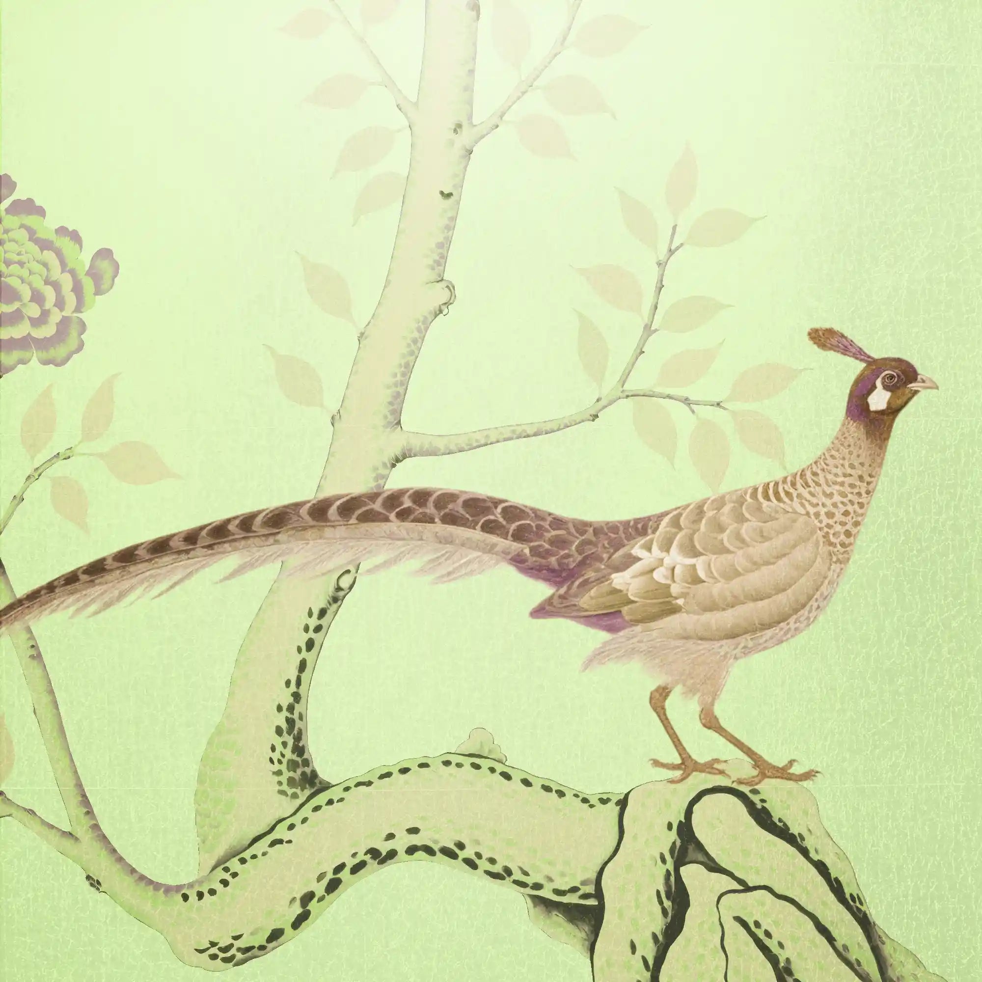 优雅的绿色花朵金属叶中国风墙纸特写，闪烁着优美的光泽。