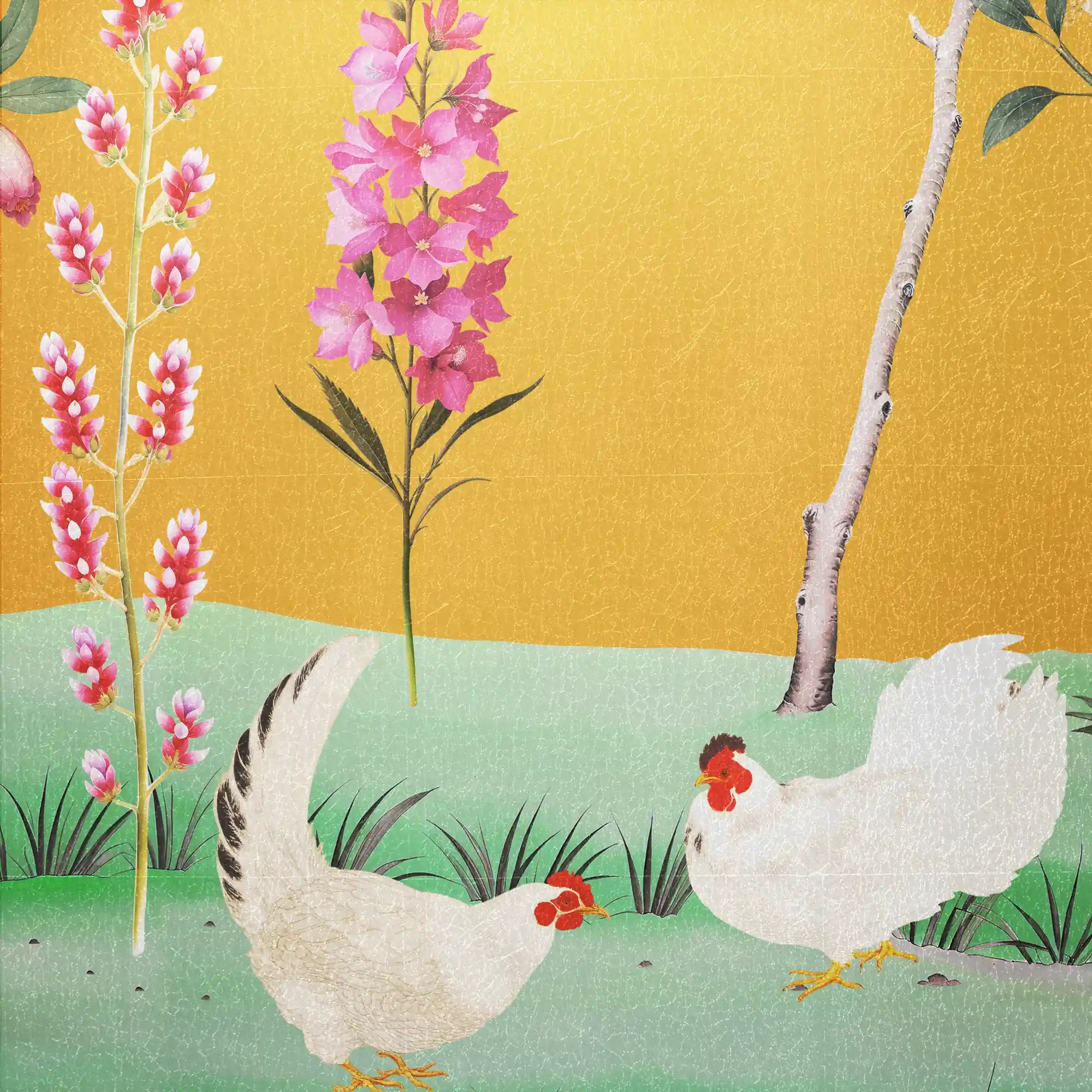 Bright golden floral metallic leaf Chinoiserie wallpaper with cheerful shine and rich surface texture.