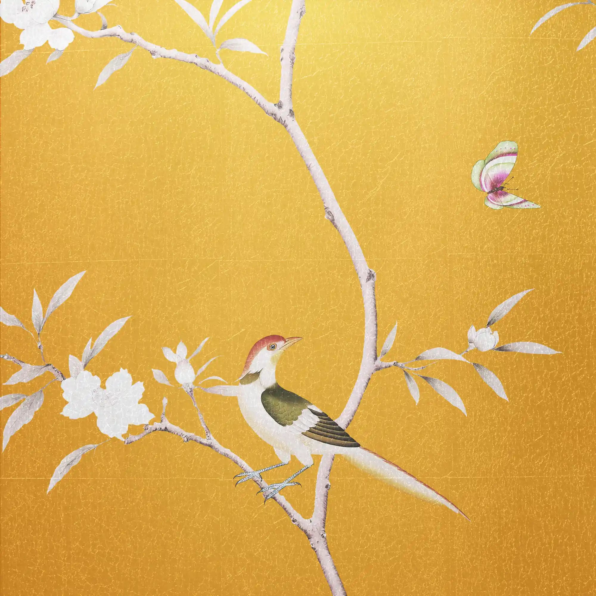 Close-up of golden floral metallic leaf Chinoiserie wallpaper showing radiant gold shimmer.