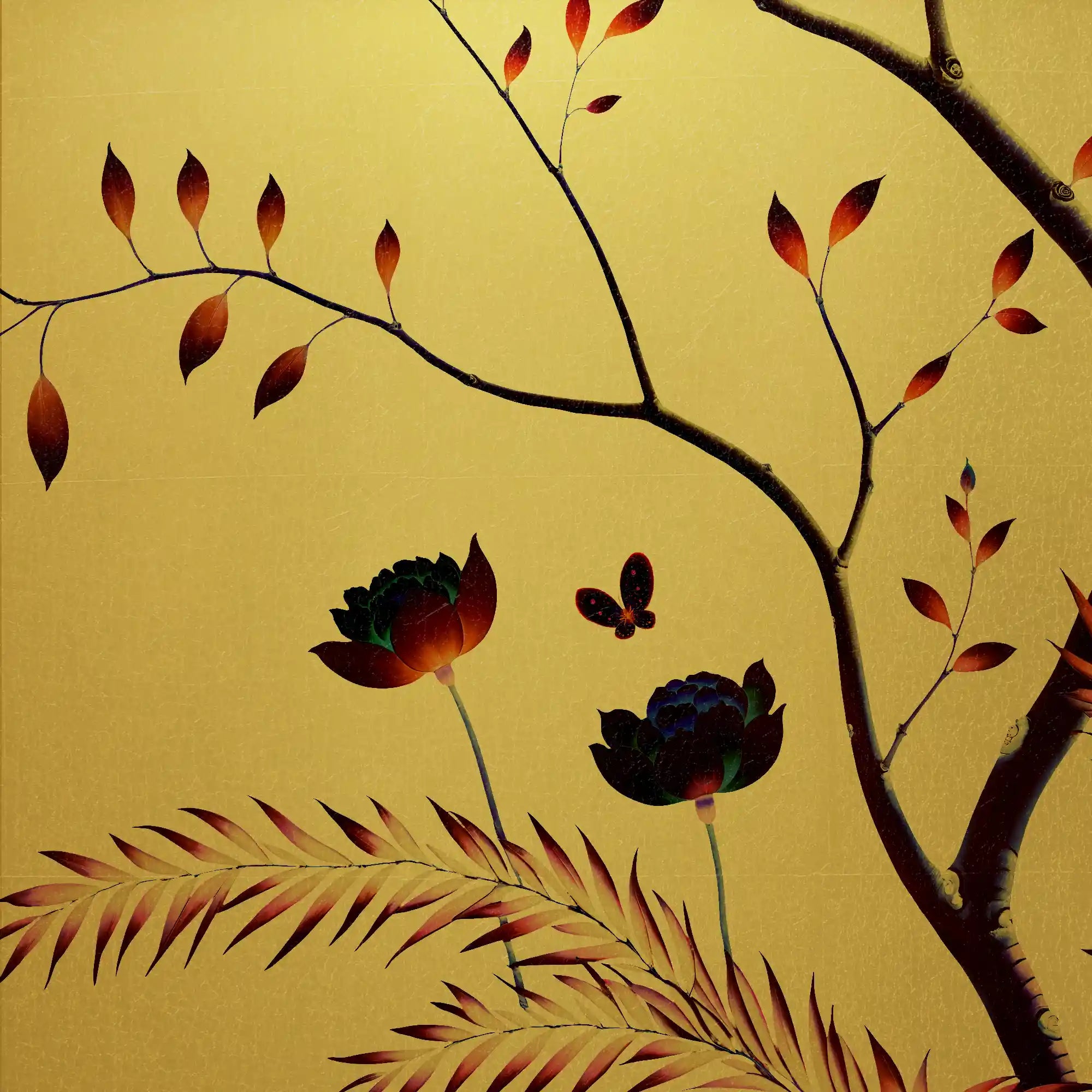 金色花卉金属叶中国风墙纸特写，显示出复杂闪亮的图案和优雅的花卉细节。