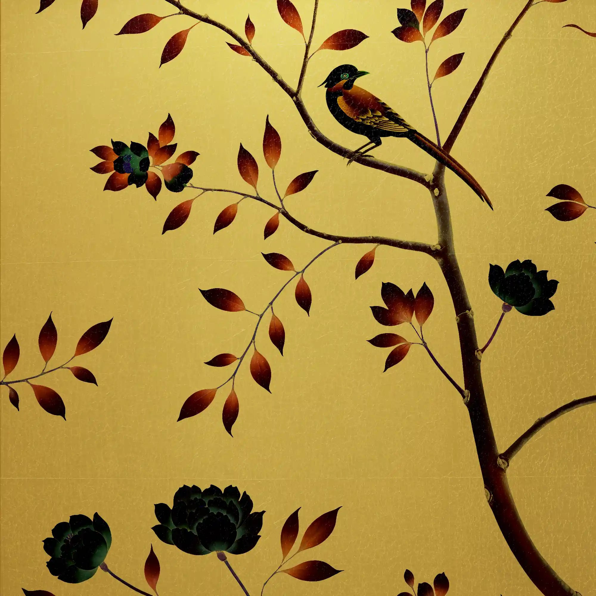 金色花卉金属叶中国风墙纸特写，显示出复杂闪亮的图案和优雅的花卉细节。