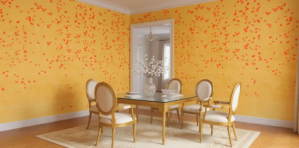 Golden floral metallic leaf Chinoiserie wallpaper in dining room, bright and cheerful