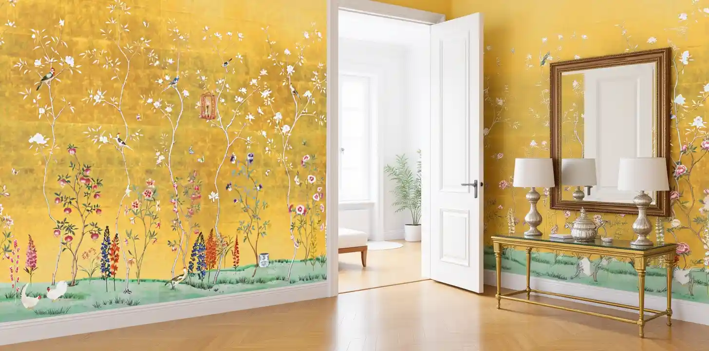 Golden floral metallic leaf Chinoiserie wallpaper in hallway, bright and elegant