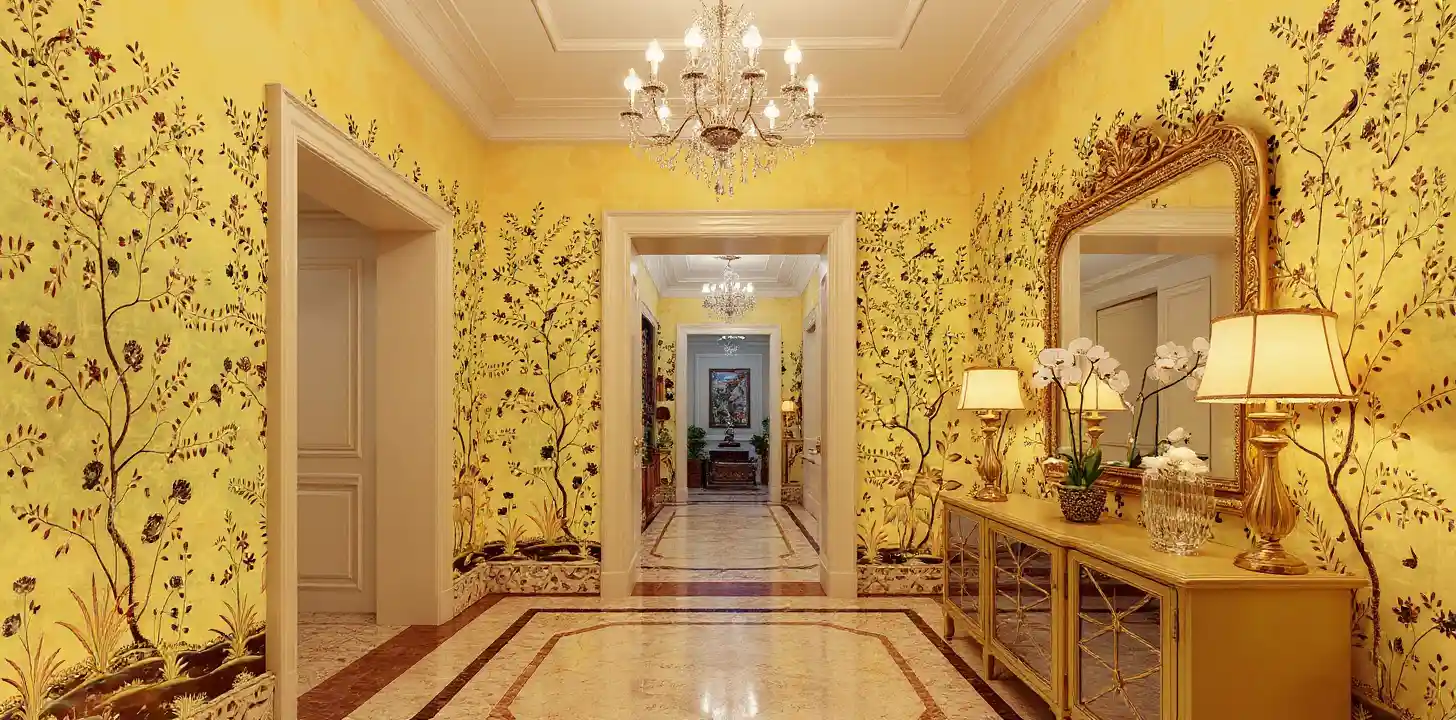 Golden floral metallic leaf Chinoiserie wallpaper in hallway, luxurious and elegant