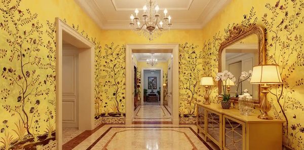 Golden floral metallic leaf Chinoiserie wallpaper in hallway, luxurious and elegant