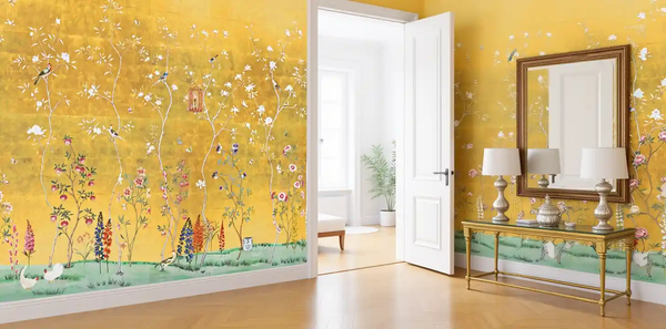 Golden floral metallic leaf Chinoiserie wallpaper in hallway, bright and elegant