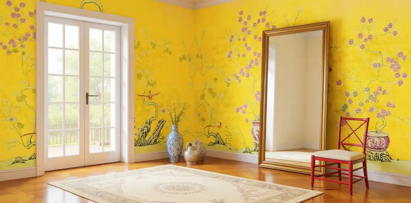 Golden floral metallic leaf Chinoiserie wallpaper in living room, bright and cheerful