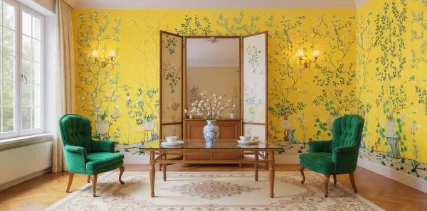 Green floral metallic leaf Chinoiserie wallpaper in living room, lush and elegant