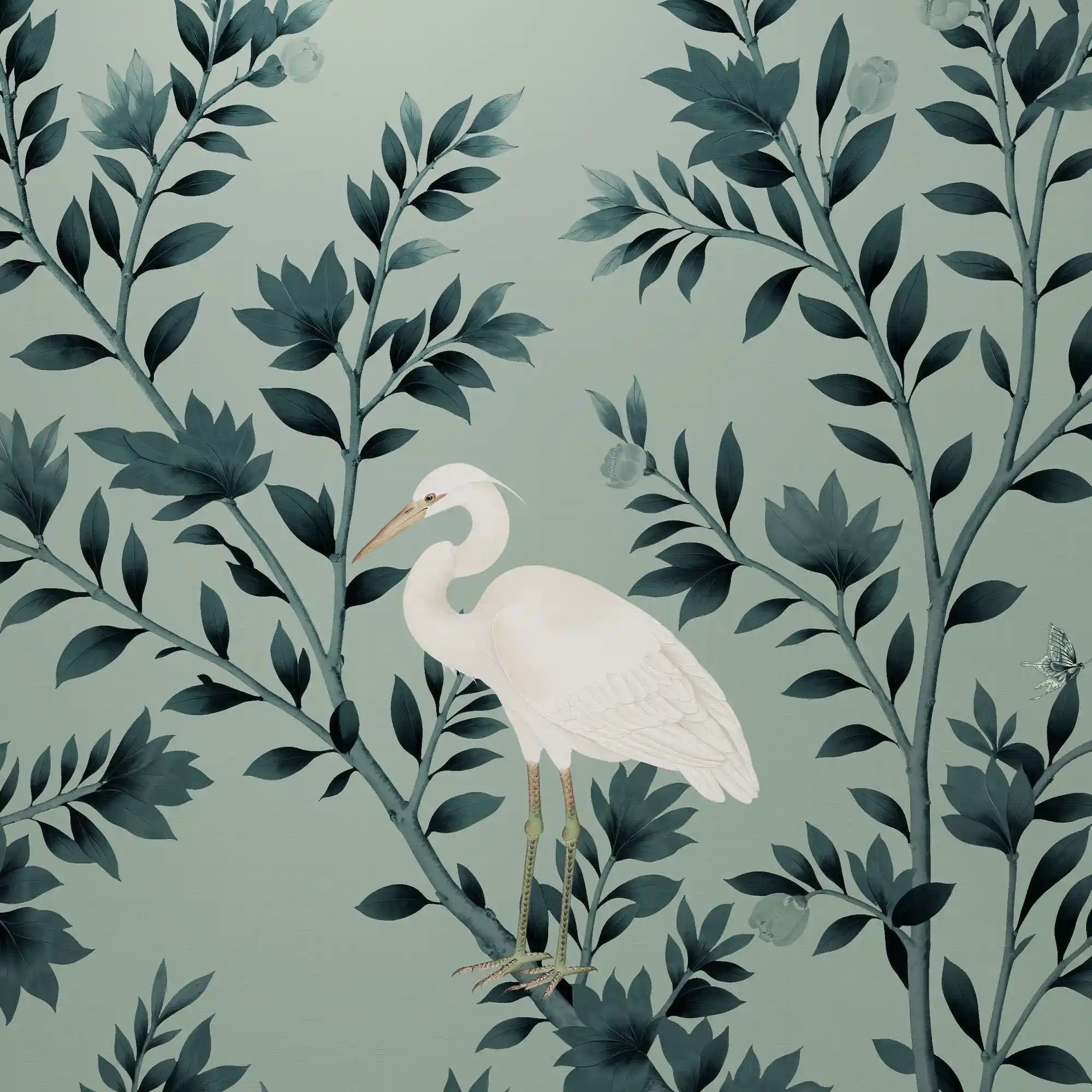 典雅的绿色中式墙纸上有仙鹤图案和优美的细节。