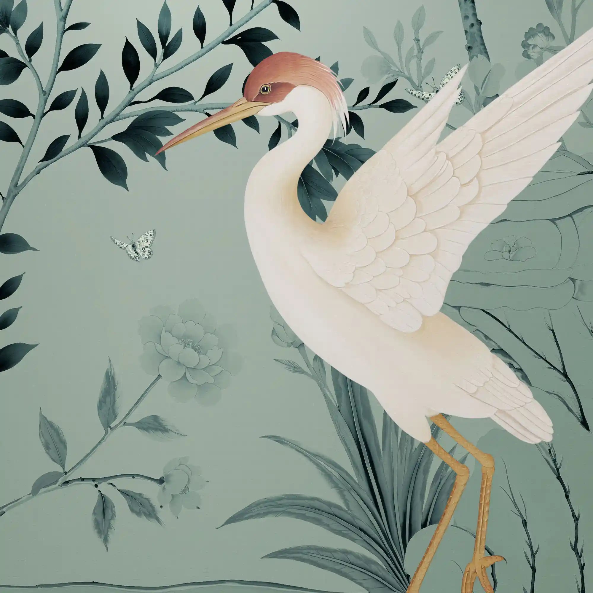 鹤形中国风墙纸特写，展现了精致的笔触和大自然的魅力。