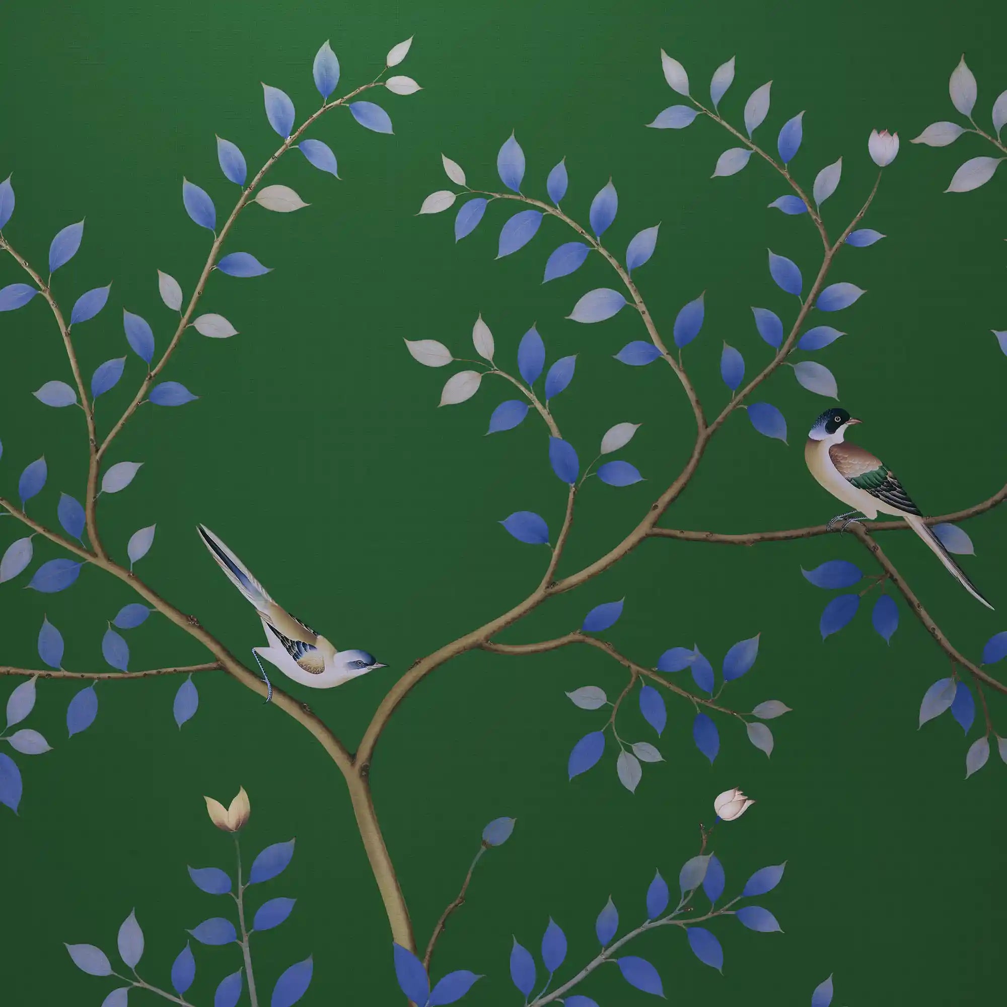 典雅的中国风绿色花卉墙纸，精致的植物图案。