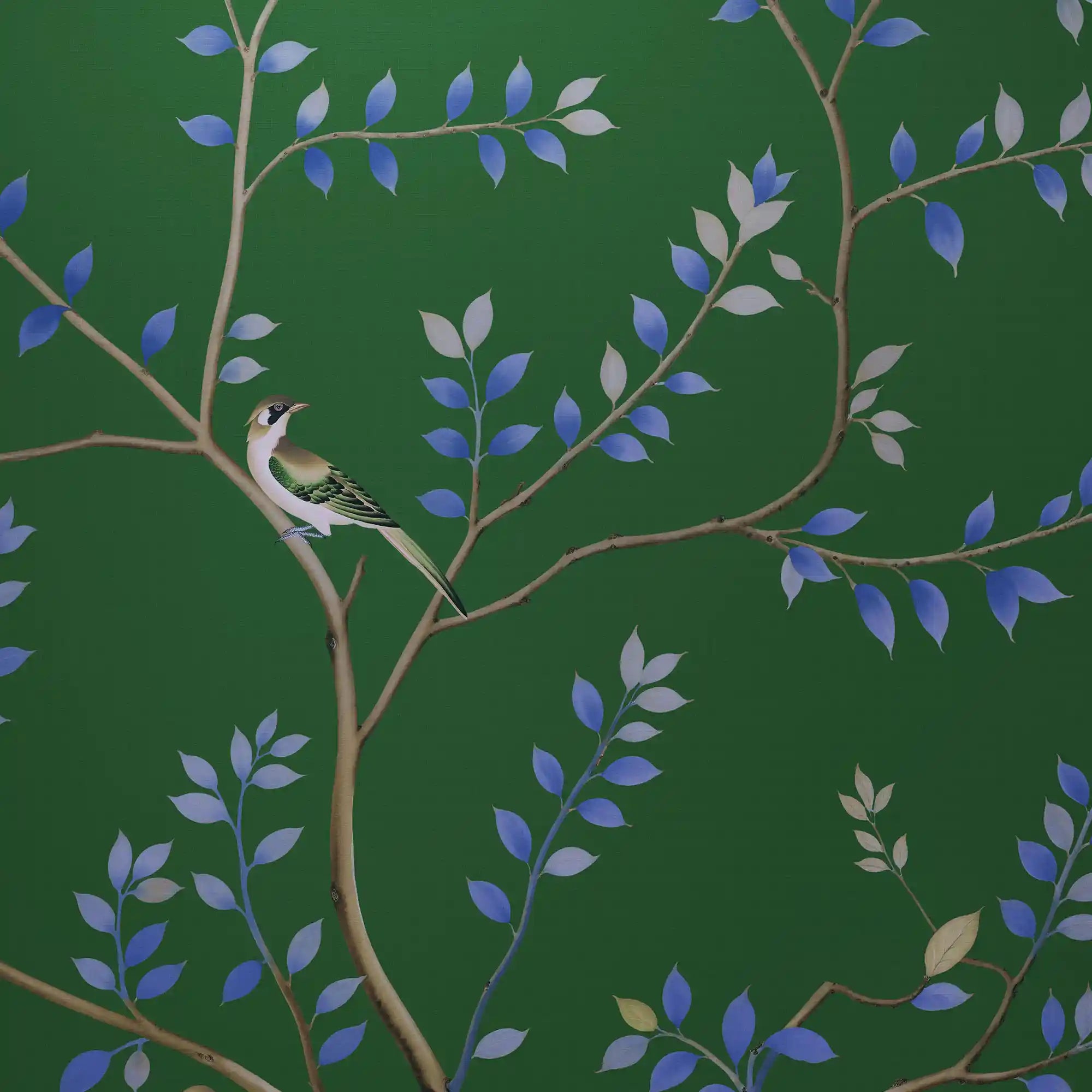 中国风绿色花卉墙纸特写，显示出精致的叶片图案和柔和的质感。