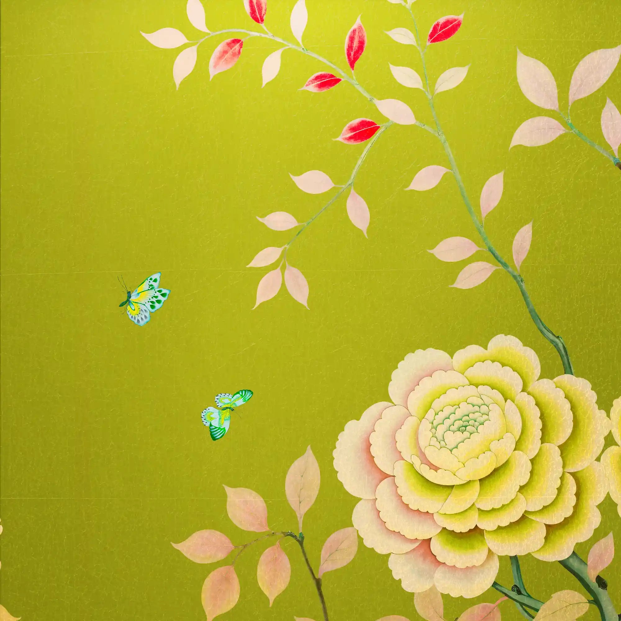 充满活力的绿色金属花叶墙纸，带有优雅的叶片细节和光亮的表面。