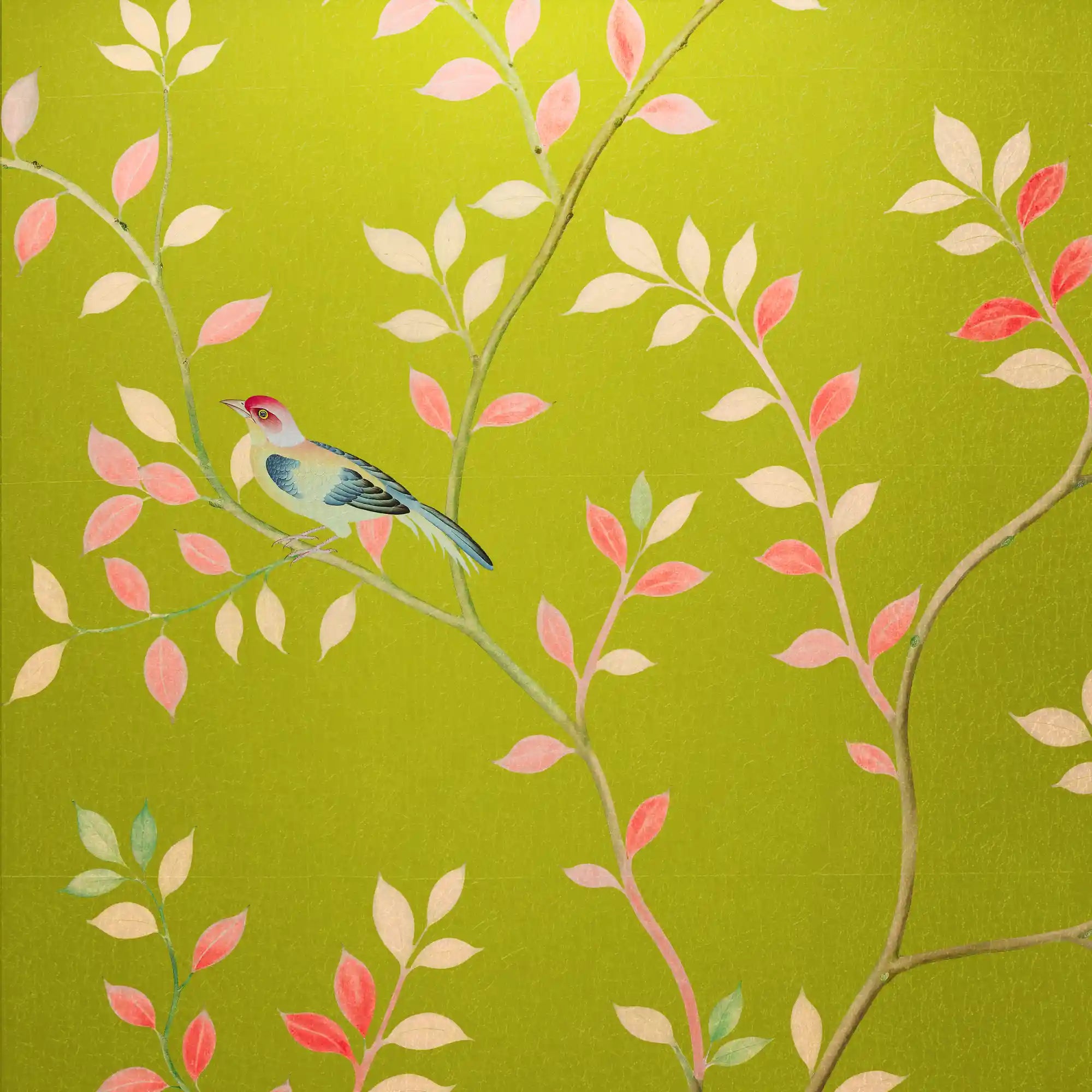 绿色花朵金属叶中国风墙纸特写，显示出金属质感。