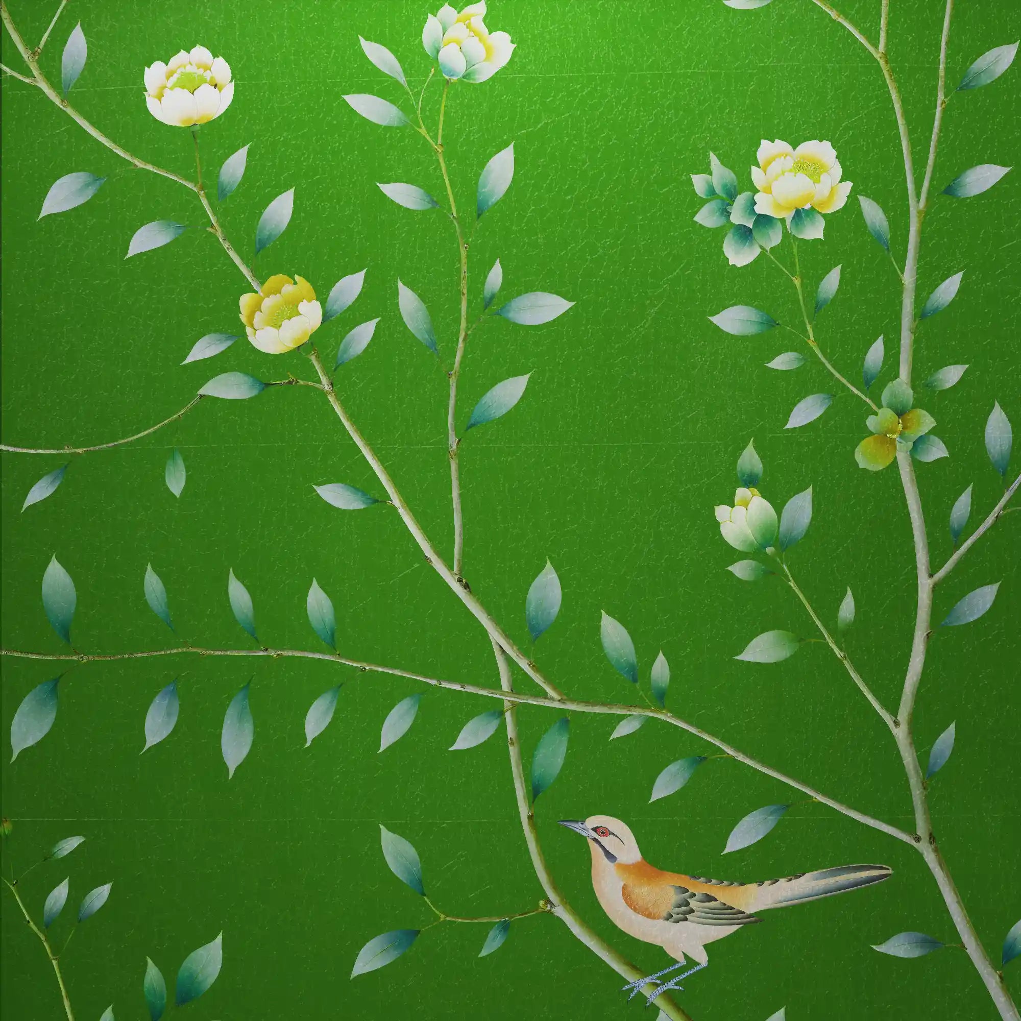 Bright golden floral metallic leaf Chinoiserie wallpaper with cheerful botanical sheen and refined elegance.