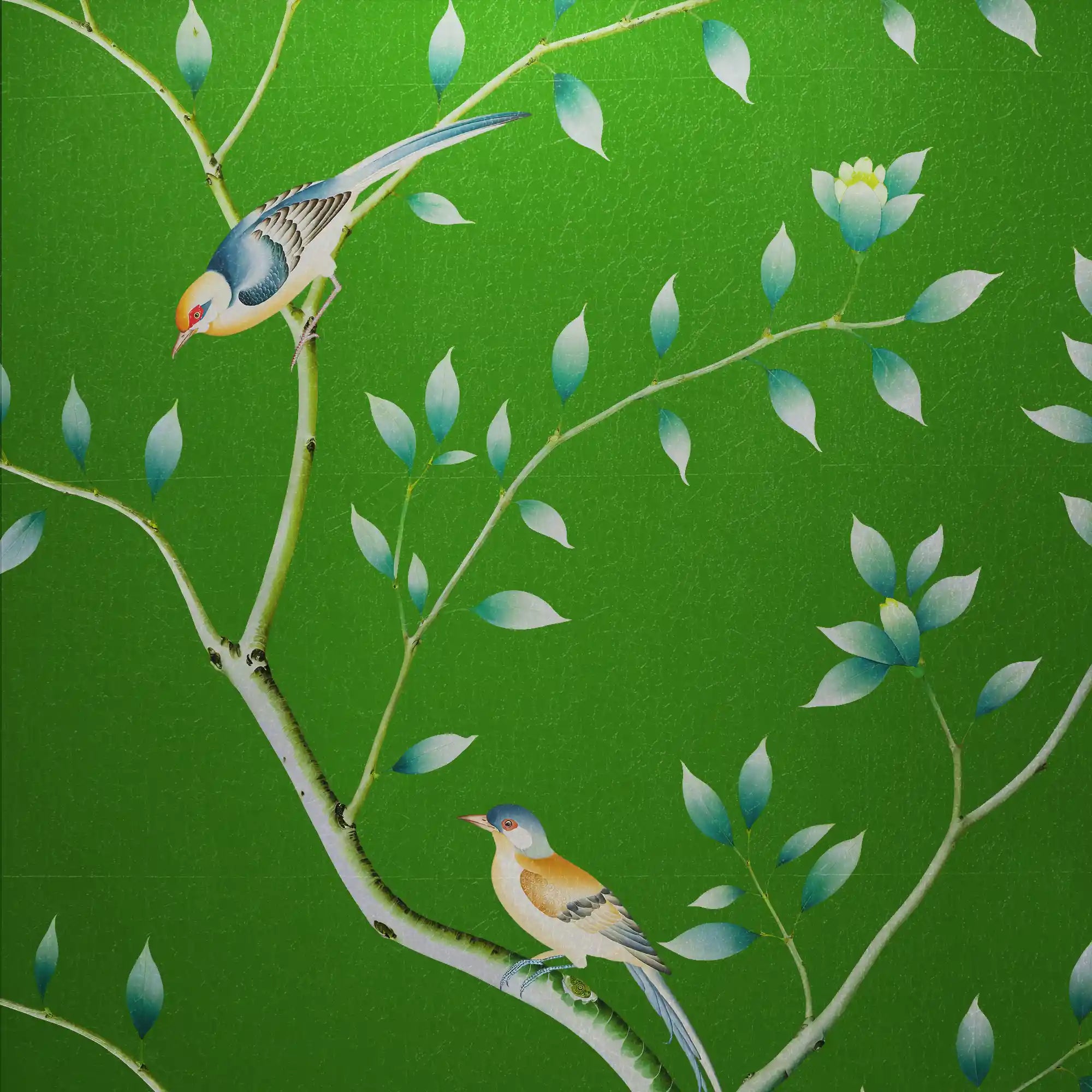 Close-up of golden floral metallic leaf Chinoiserie wallpaper showing radiant leaf reflections.