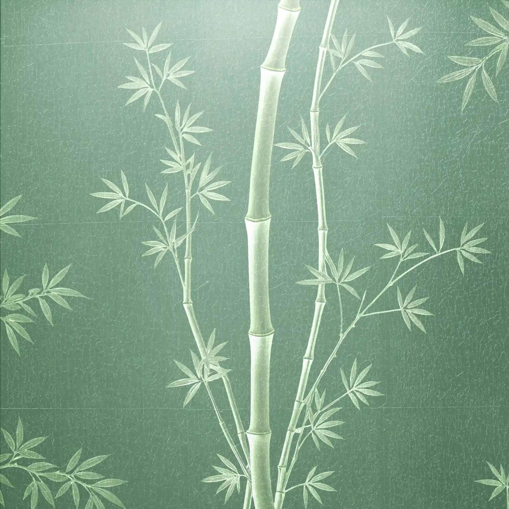 带有闪亮叶片图案的典雅绿色金属叶中国风墙纸特写。