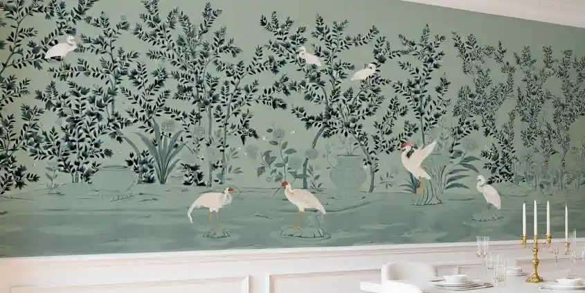 Green crane Chinoiserie wallpaper in dining room, elegant and artistic