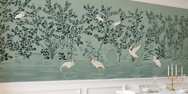 Green crane Chinoiserie wallpaper in dining room, elegant and artistic