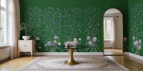 Green floral Chinoiserie wallpaper in living room, elegant and sophisticated