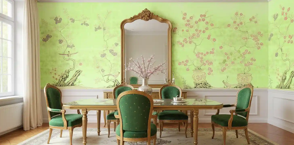 Green floral metallic leaf Chinoiserie wallpaper in dining room, elegant and refined