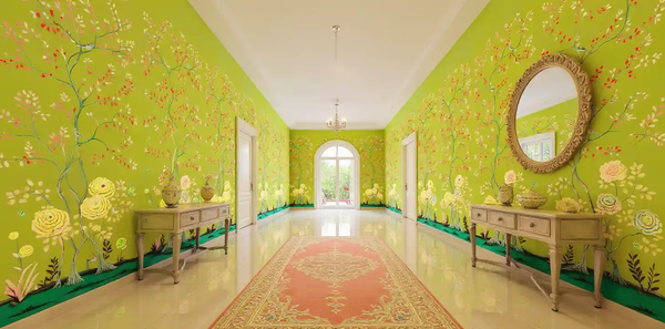 Green floral metallic leaf Chinoiserie wallpaper in hallway, bright and elegant
