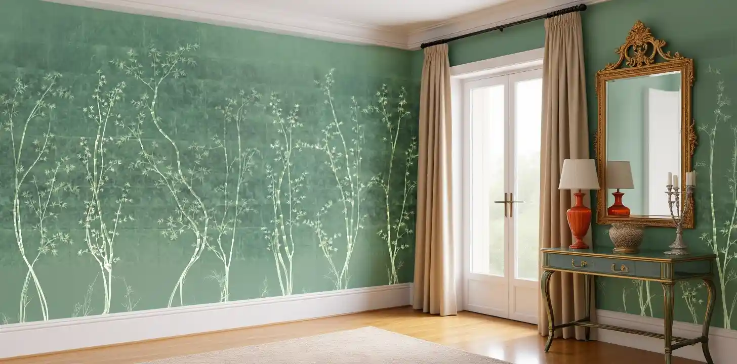Green metallic leaf Chinoiserie wallpaper in living room, classic and elegant style  