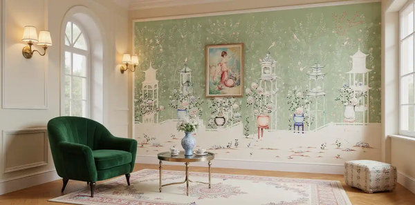Green floral metallic leaf Chinoiserie wallpaper in living room, elegant and classic