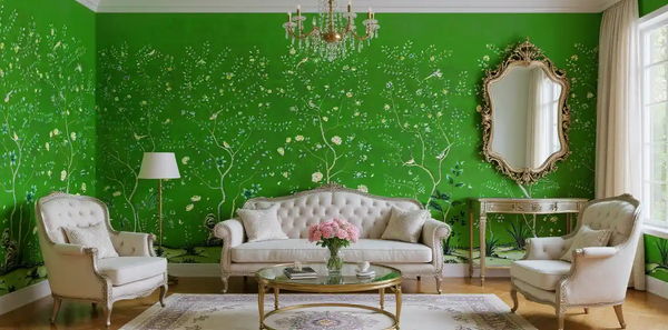 Golden floral metallic leaf Chinoiserie wallpaper in living room, bright and cheerful