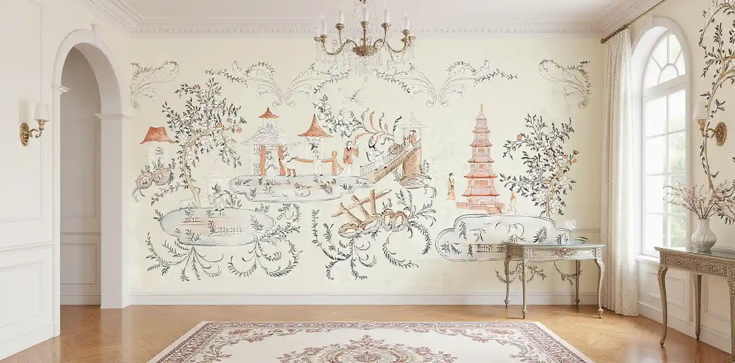 Intricate floral Chinoiserie wallpaper in living room, elegant and artistic