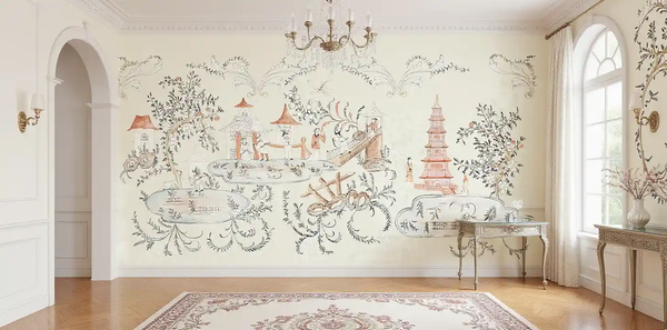 Intricate floral Chinoiserie wallpaper in living room, elegant and artistic