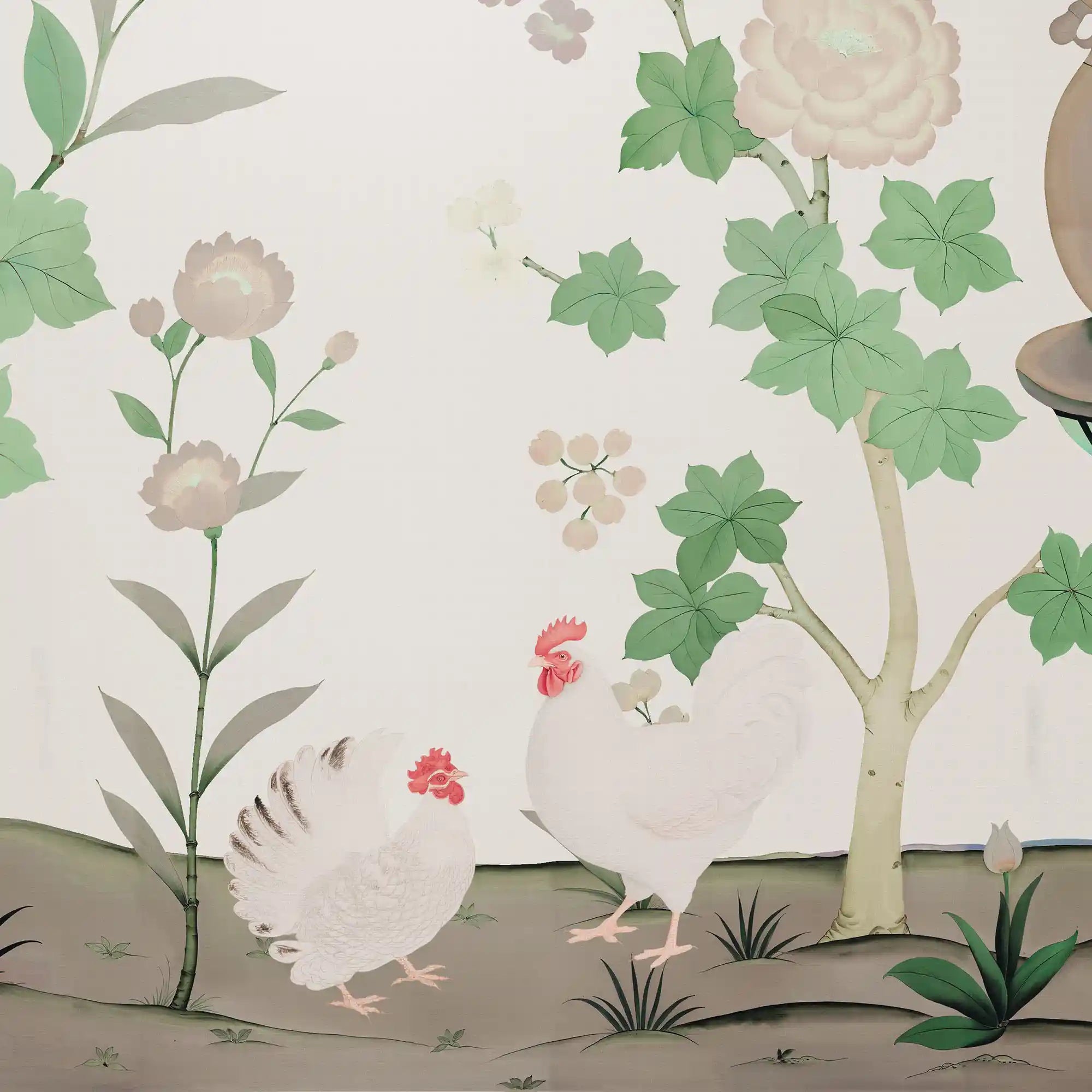 高雅的象牙色中国风墙纸，带有柔和的植物图案和永恒的魅力。