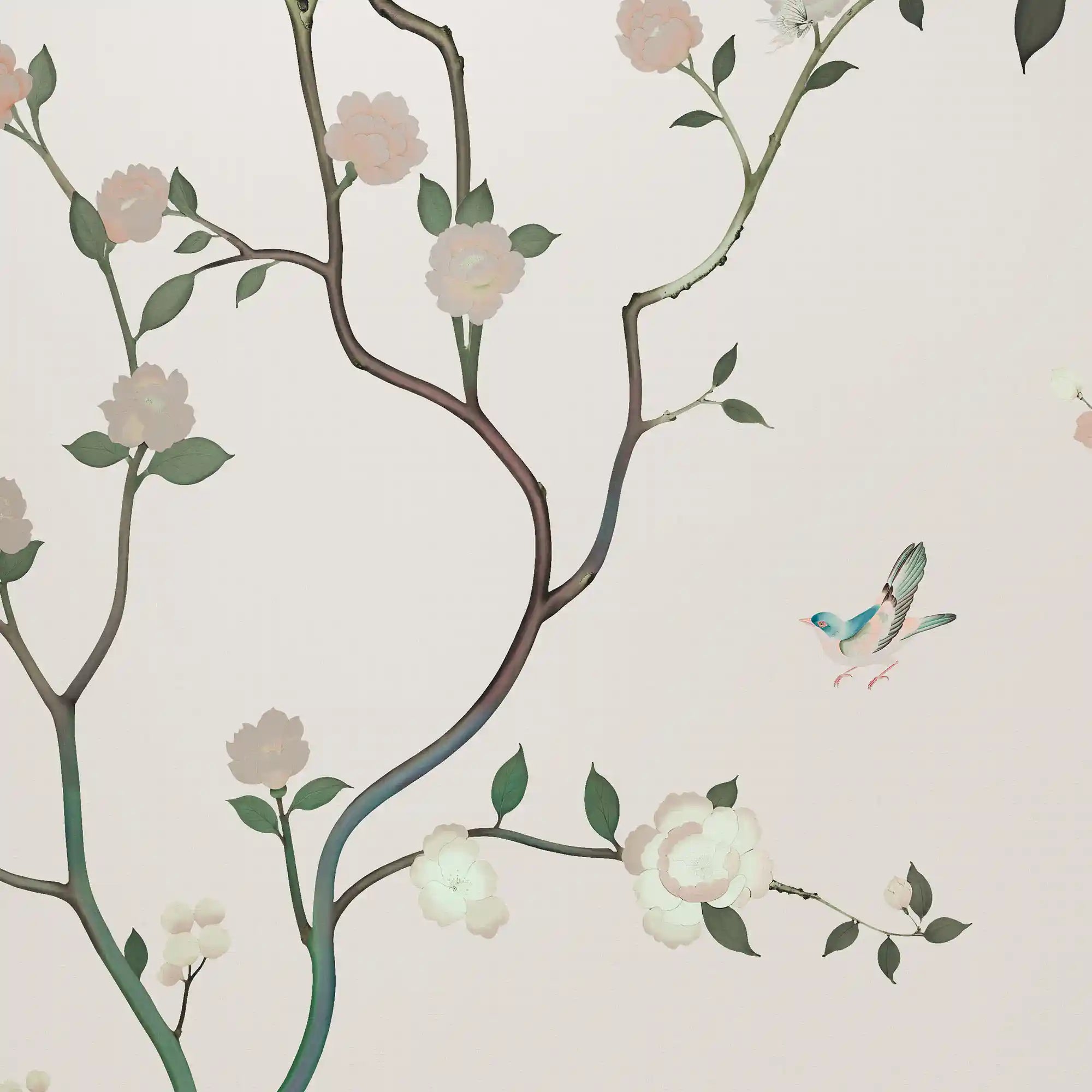 象牙色中国风墙纸特写，显示出优美的花朵纹理和精致的表面处理。