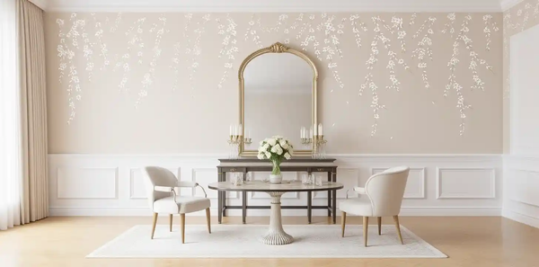 Ivory Chinoiserie wallpaper in dining room, elegant and stylish