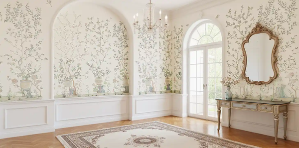Ivory Chinoiserie wallpaper in foyer, elegant and welcoming