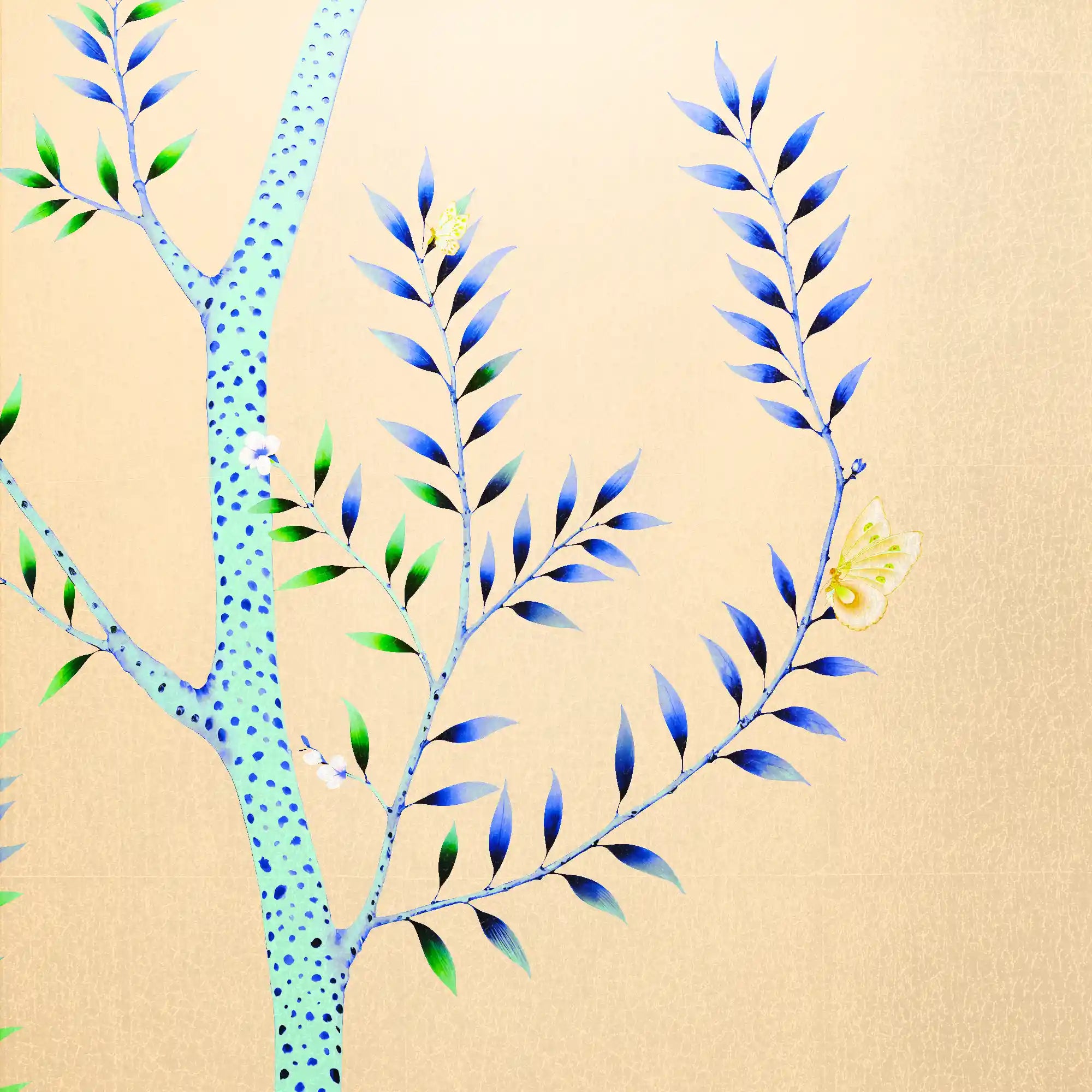 裸色花卉金属叶中国风墙纸特写，散发出明亮的花卉光泽。