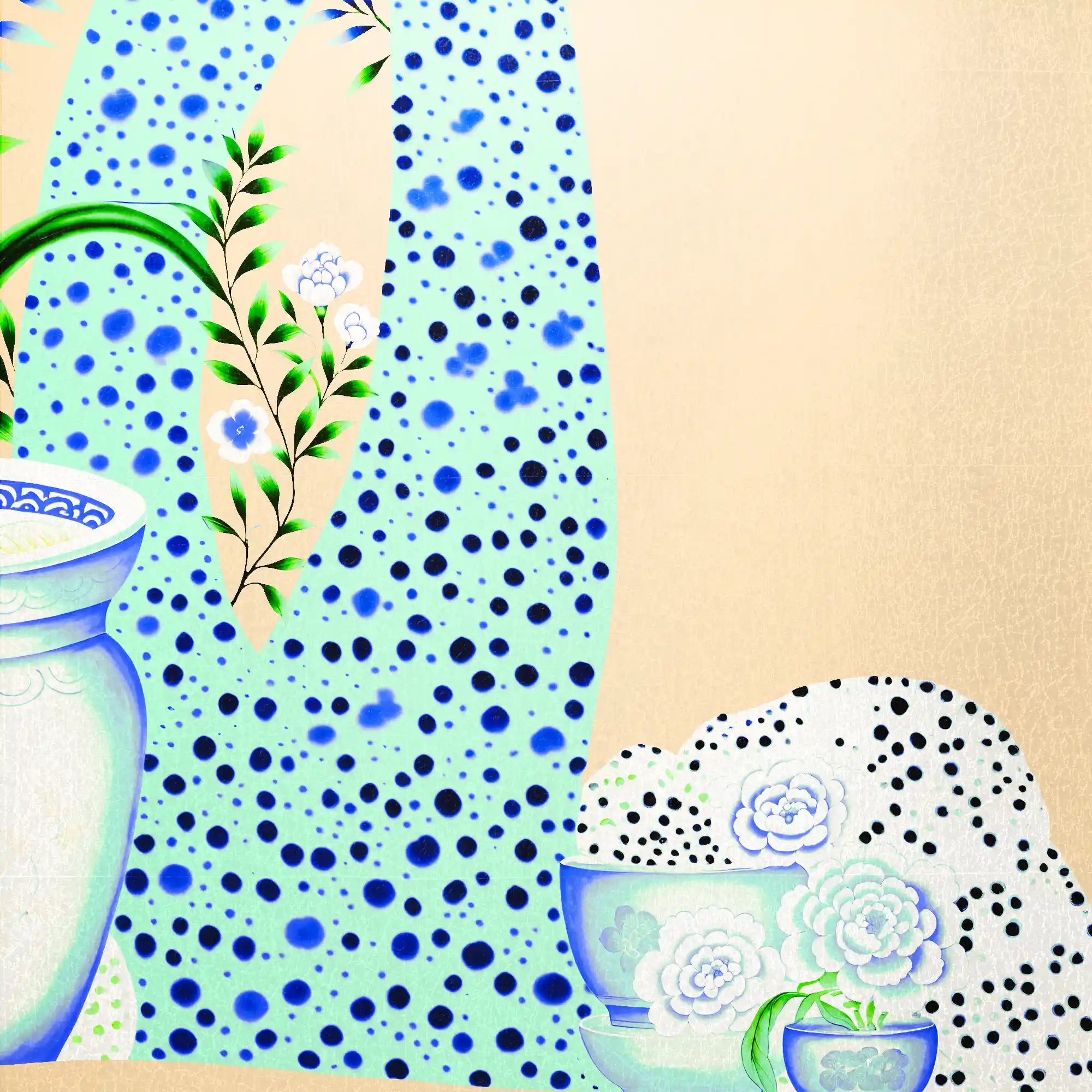 明亮的裸色花朵金属叶中国风墙纸，呈现出欢快的金属装饰和精美图案。